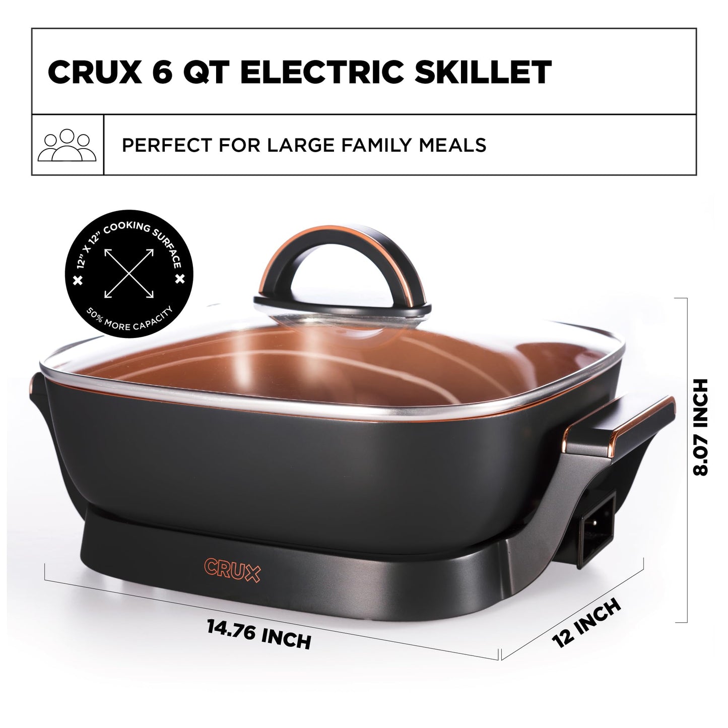 Crux Extra Deep Nonstick Scratch Resistant Electric Skillet with Removeable Temperature Probe, 12" x 12", silver (14620)