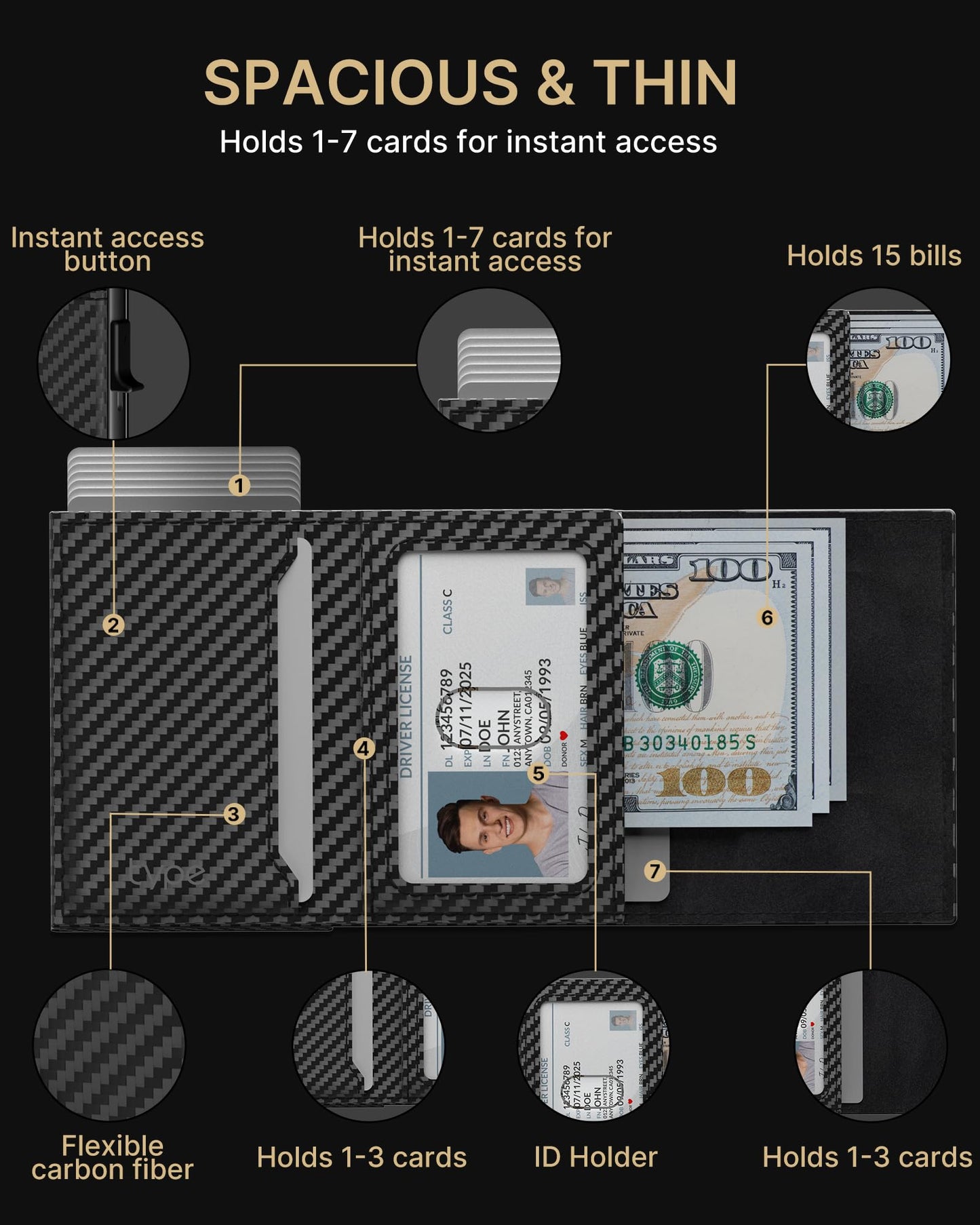 typecase Mens Wallet Card Holder: Pop Up Aluminum Case, Genuine Leather, Smart, RFID Blocking, Slim, Minimalist, Front Pocket - 9-14 Card Capacity | ID Window | Cash Slot (Carbon Fiber)