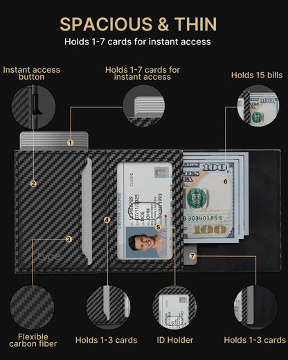 typecase Mens Wallet Card Holder: Pop Up Aluminum Case, Genuine Leather, Smart, RFID Blocking, Slim, Minimalist, Front Pocket - 9-14 Card Capacity | ID Window | Cash Slot (Carbon Fiber)