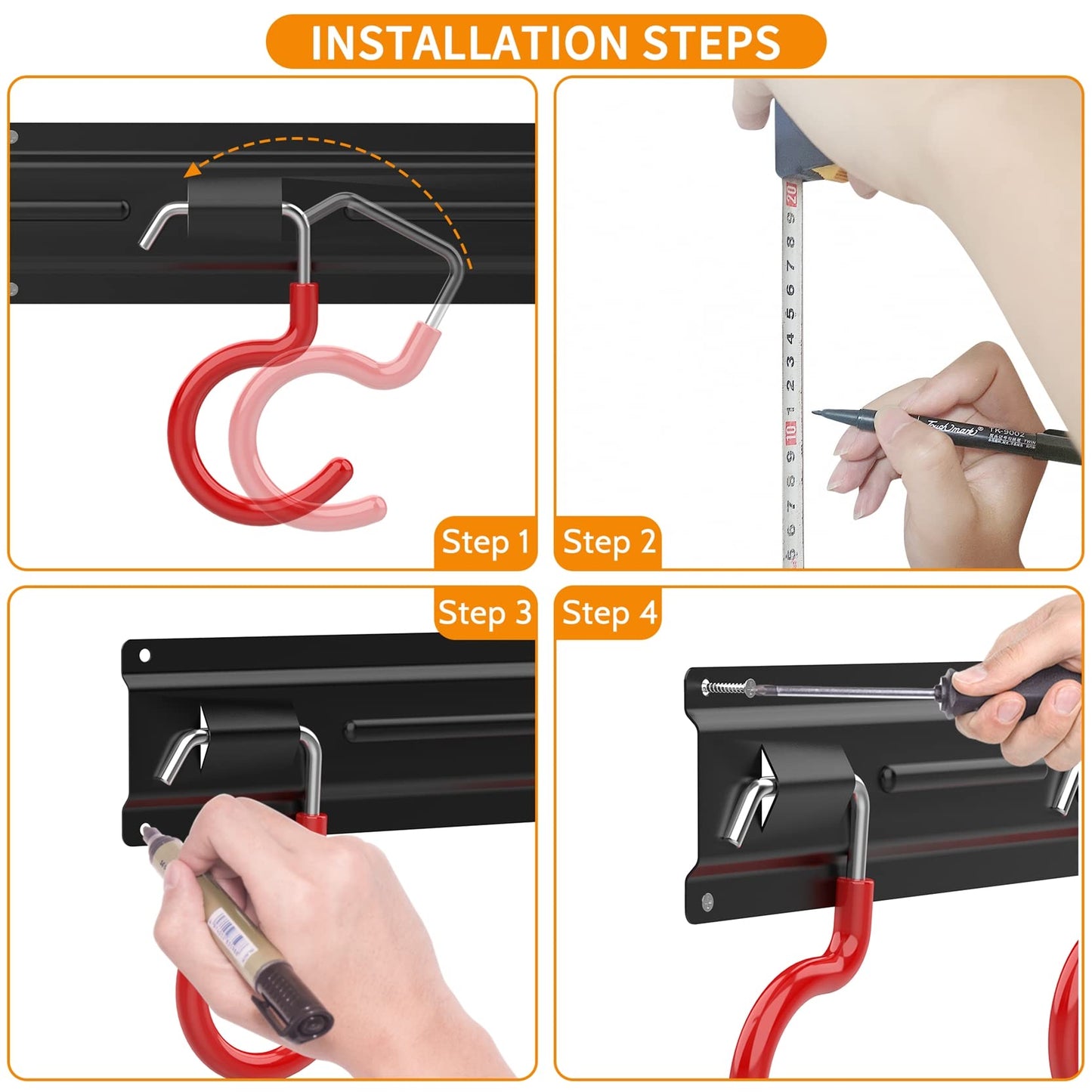 WALMANN All Metal 64 Inch Wall Mount Garden Tool Organizer for Garage, Mop and Broom Holder, Yard Tool Storage Rack for Rake, Shovel, Spade, Mop, Broom(4 Rails, 16 Hooks)