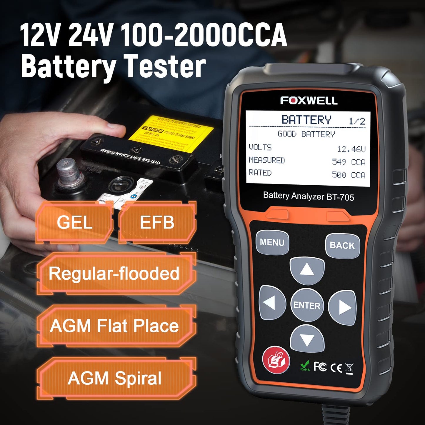 FOXWELL BT705 Car Battery Tester 12V 24V, Automotive 100-2000CCA Battery Load Tester Analyzer, Digital Cold Cranking Charging System Alternator Tester for Heavy Duty Truck Boat Marine SUV ATV
