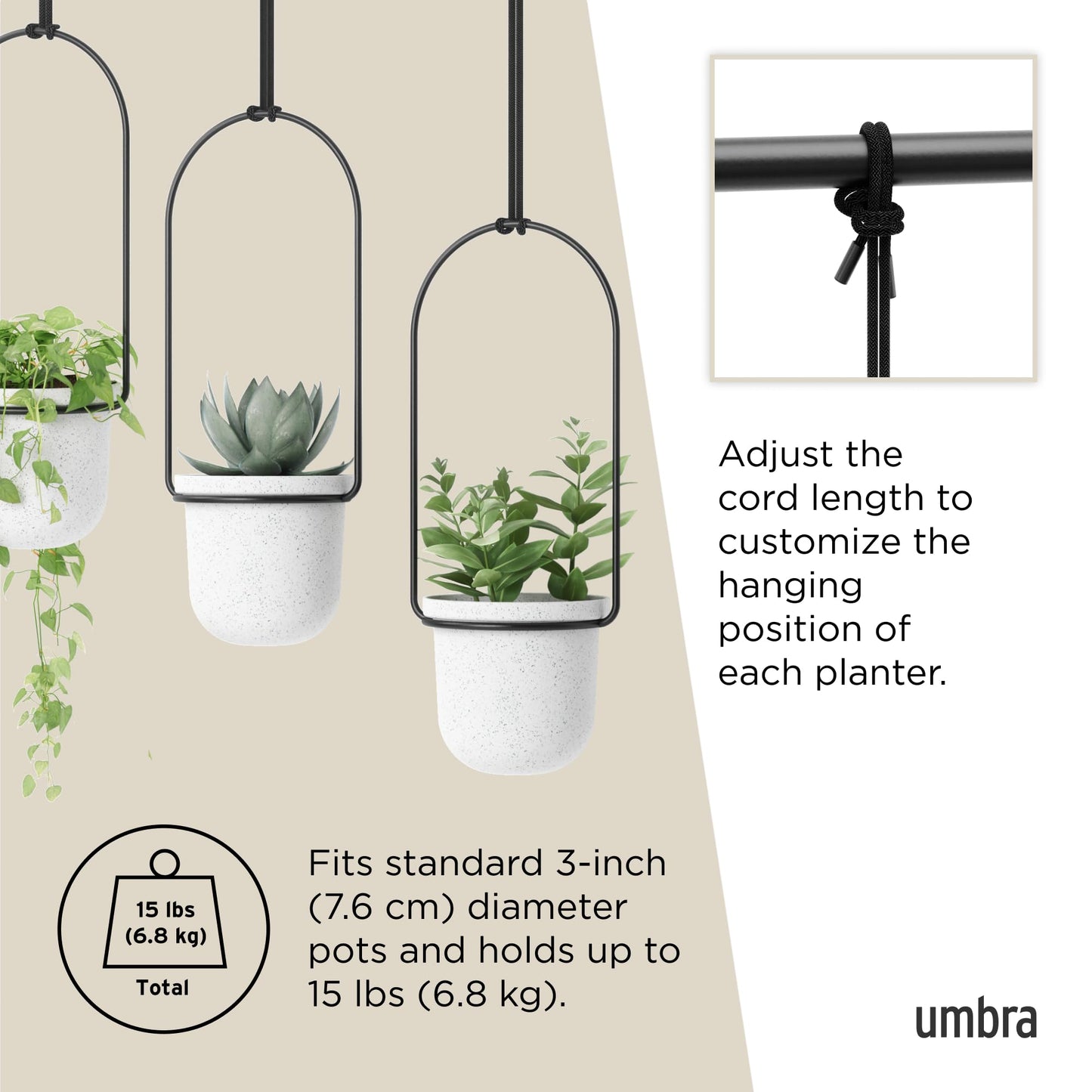 Umbra Triflora Hanging Planter for Window, Indoor Herb Garden, Set of 3, White/Black
