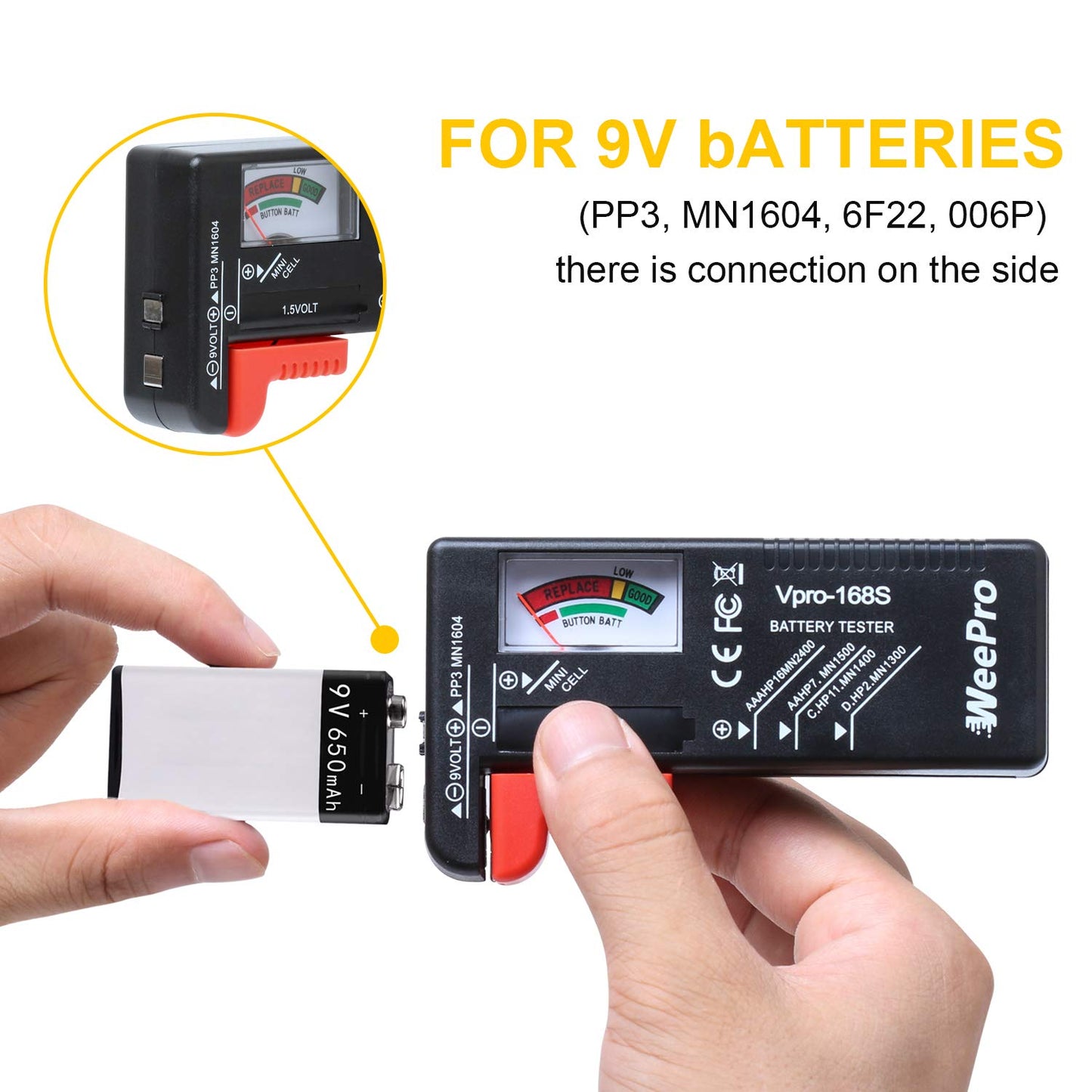 WeePro Universal Battery Checker - Small Battery Tester for AAA, AA, C, D, 9V, 1.5V, Button Cell - Household Batteries