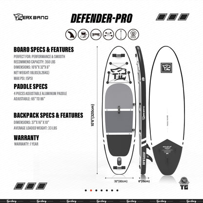 TIGERXBANG Stand Up Paddle Boards 10'6" x 32" x 6" with Premium SUP Board Accessories, Inflatable Paddle Boards for Adults/Kids with Double-Bladed Paddle, Kayak Seat, Defender-Pro Black