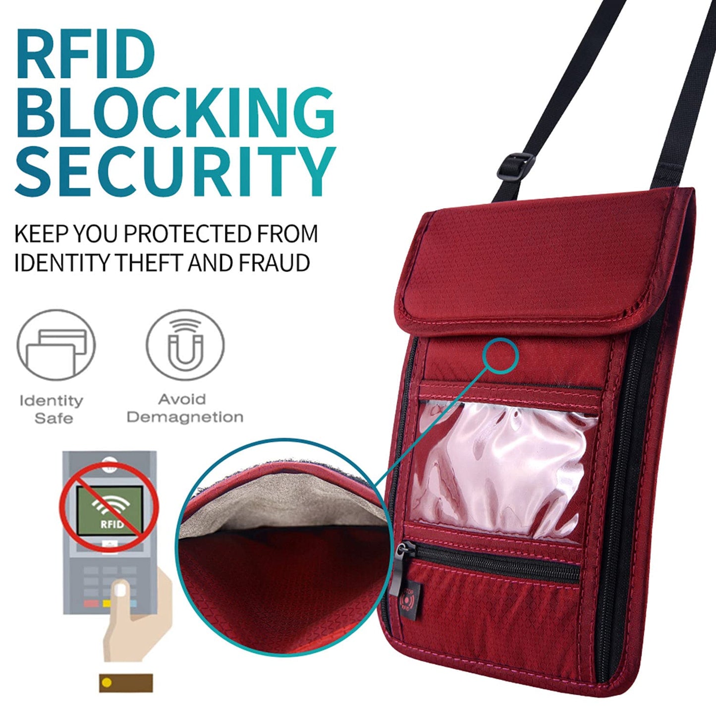 RFID Blocking Passport Holder Wallet with Neck Stash Pouch for Traveling Security Credit ID Card
