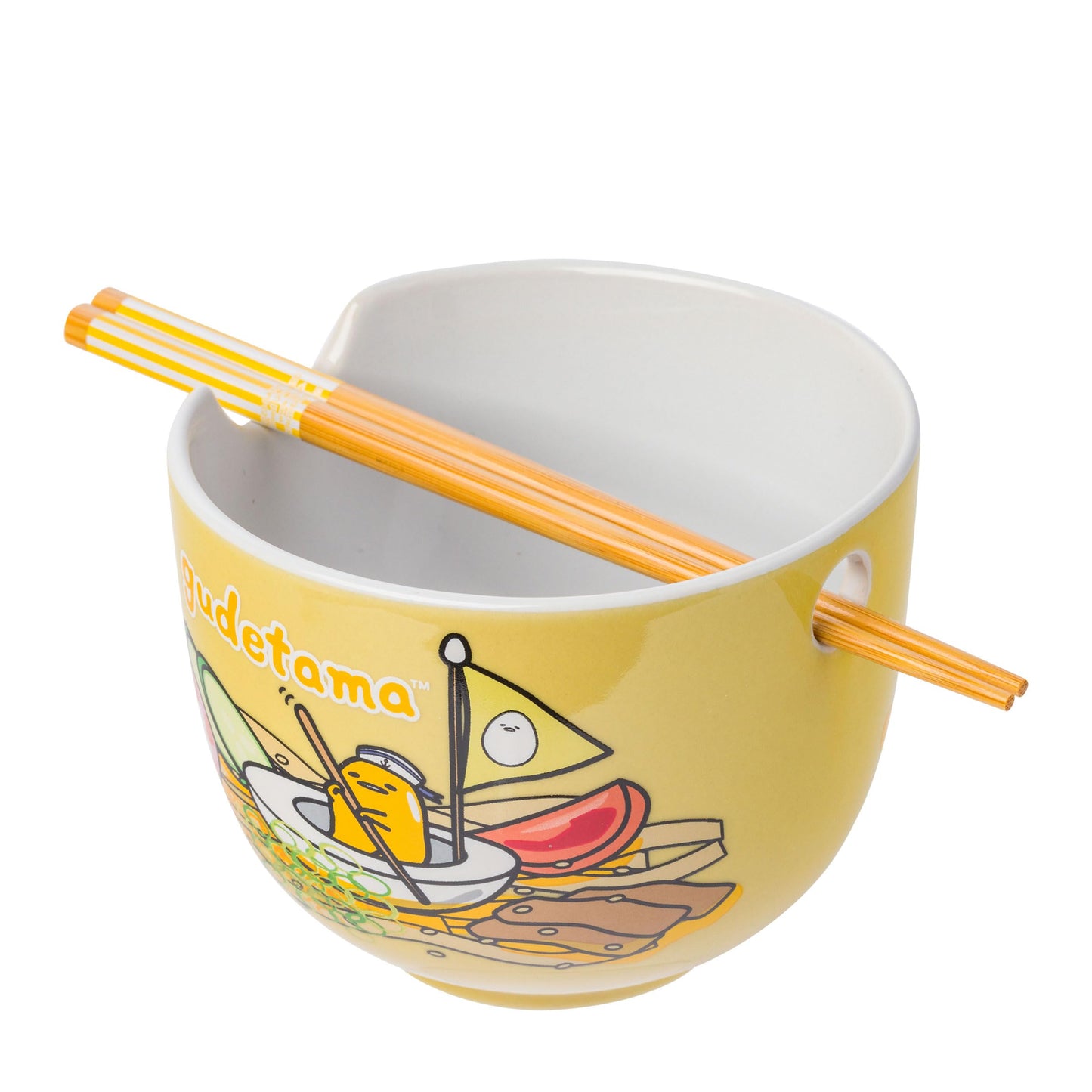 Silver Buffalo Sanrio Hello Kitty and Friends Gudetama Lazy Egg Sailing In Ramen Ceramic Ramen Noodle Rice Bowl with Chopsticks, Microwave Safe, 20 Ounces