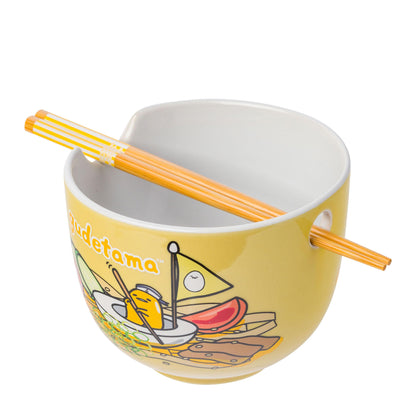 Silver Buffalo Sanrio Hello Kitty and Friends Gudetama Lazy Egg Sailing In Ramen Ceramic Ramen Noodle Rice Bowl with Chopsticks, Microwave Safe, 20 Ounces