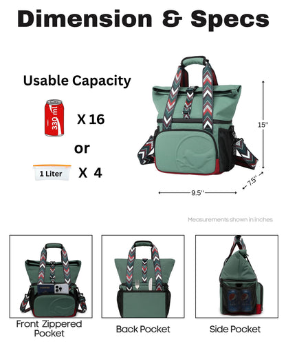 SUNNY BIRD Dual Compartment Lunch Bag Insulated Lunch Box for Women and Men (Green with boho strap)