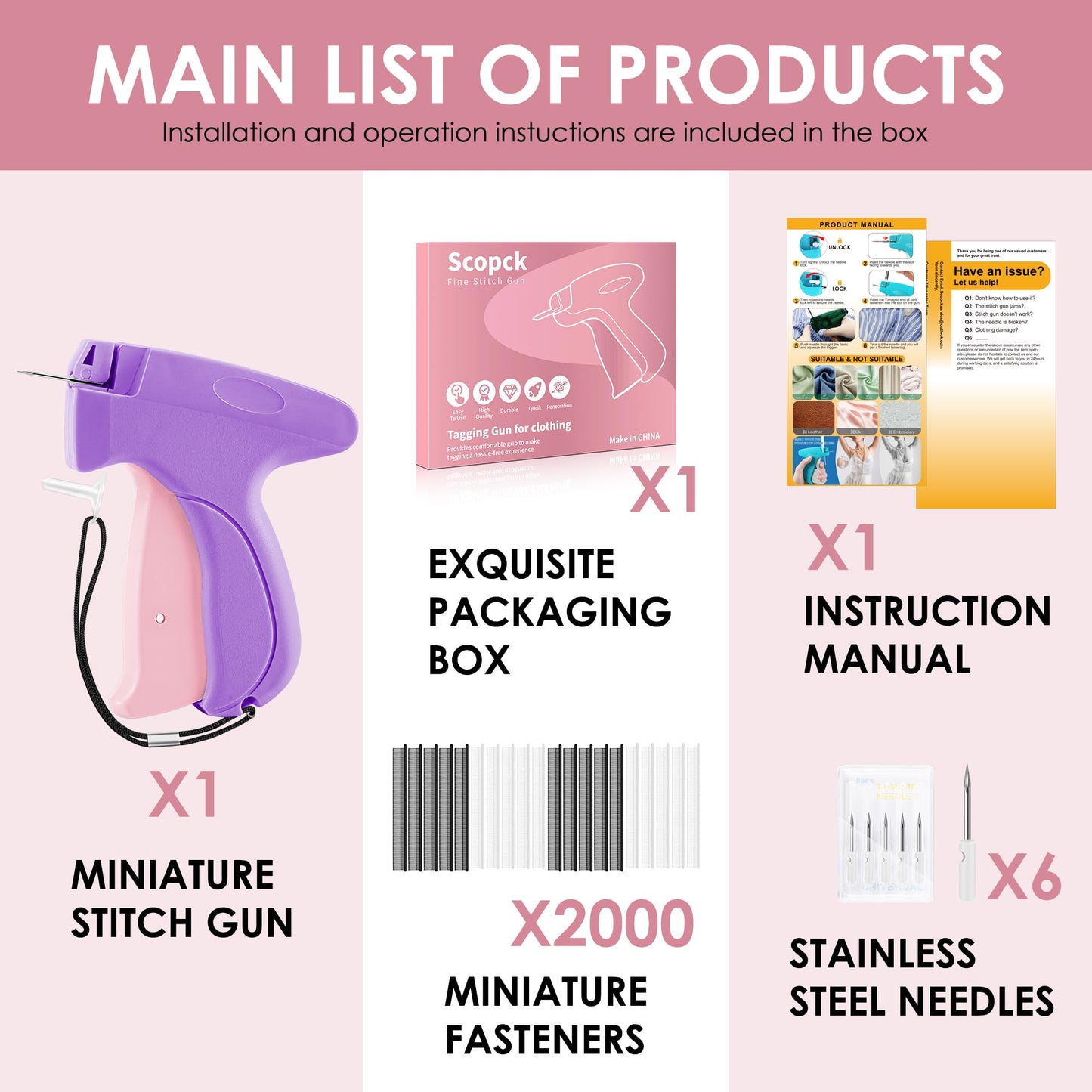 Stitch Gun for Clothes - Handheld Stitch Gun Quick Clothing Fixer - Mini Sewing Kit Micro Tagging Gun - Includes 6 Needle, 1000 Black Fasteners & 1000 White Fasteners (Purple)