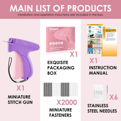 Stitch Gun for Clothes - Handheld Stitch Gun Quick Clothing Fixer - Mini Sewing Kit Micro Tagging Gun - Includes 6 Needle, 1000 Black Fasteners & 1000 White Fasteners (Purple)