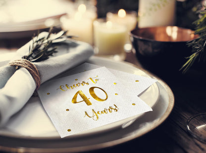 Cheers to 40 Years Cocktail Napkins | Happy 40th Birthday Decorations for Men and Women and Wedding Anniversary Party Decorations | 50-Pack 3-Ply Napkins | 5 x 5 inch folded (White)