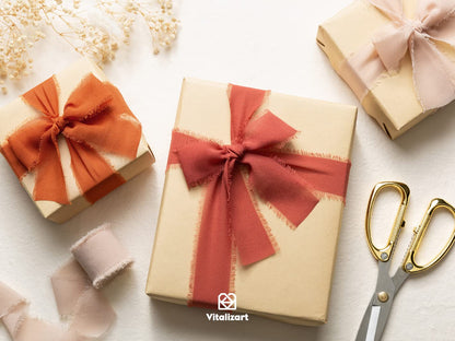 Vitalizart Fall Handmade Chiffon Silk Ribbon Fringe 1.5" x 21 Yd Terracotta Frayed Edges Ribbons for Wedding Invitations Bridal Bouquets Gifts Wrapping Crafts Holiday Party Decorations