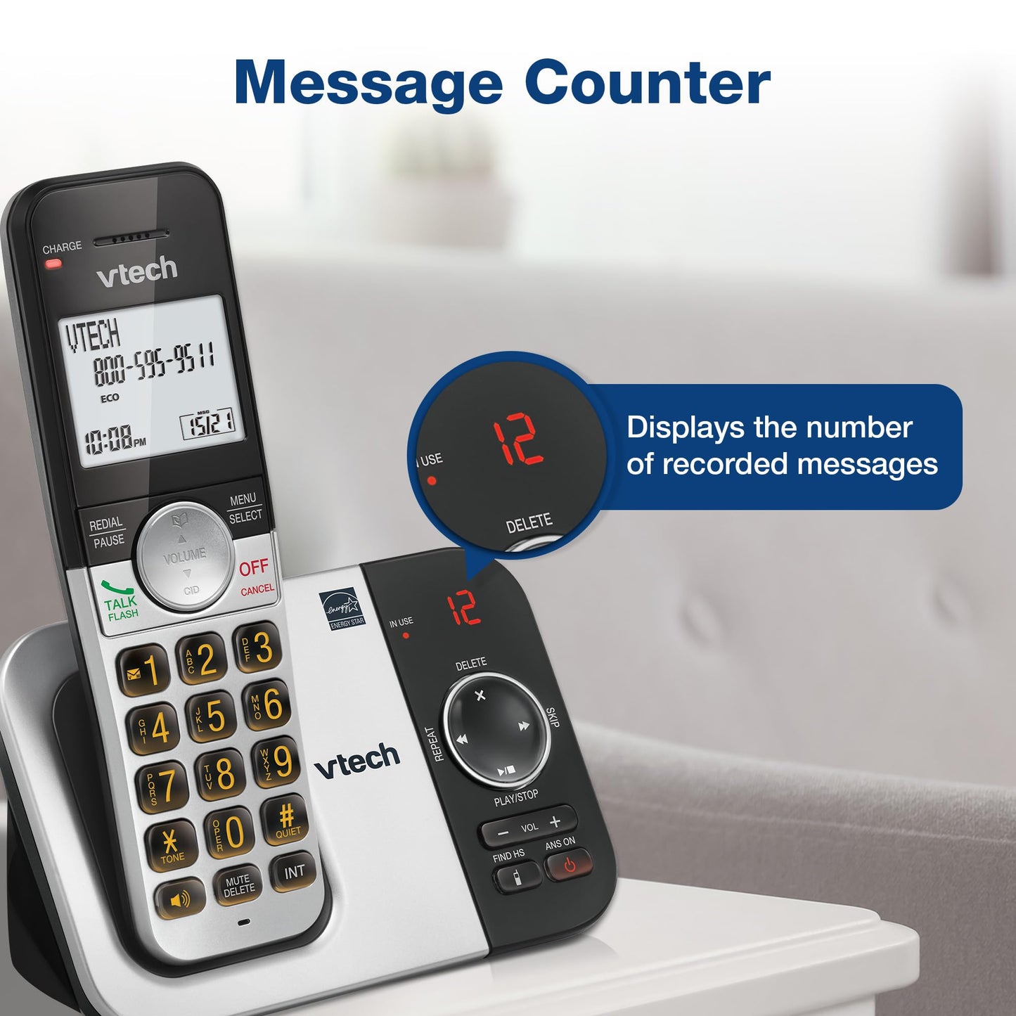 VTech VG232 Cordless Phone with Answering Machine - with Large Display Full-Duplex Speakerphone Caller ID/Call Waiting Last 10 Number Redial