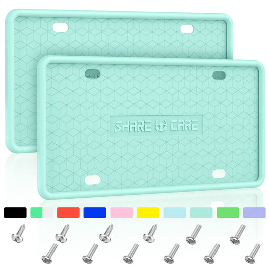 QiqaMole 2 Pack Silicone Frame Front Back License Plate Cover/ Bracket Holder Rust-Proof, Rattle-Proof, Weather-Proof, for US CA Standard Cars (Light Green)