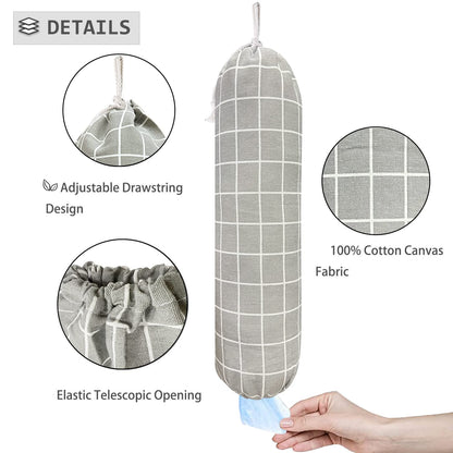 SYIPO Plastic Bag Holder, Wall Mount Organizer, Shopping Bags Carrier, Washable Large Grocery Storage Dispenser for Home Kitchen Travelling, Free Adjustment with Drawstring (Check Gray)