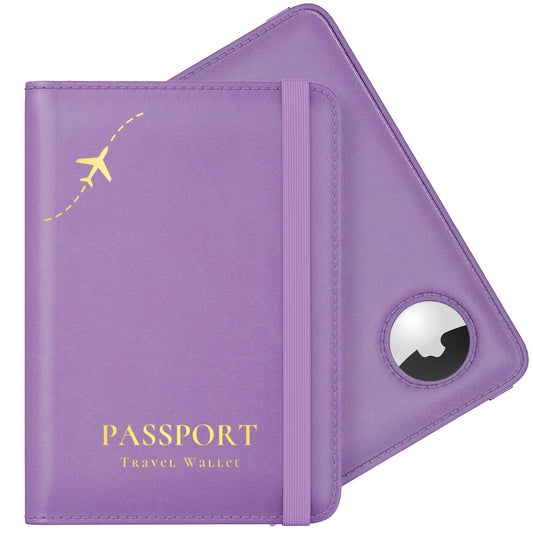 Stouchi AirTag Passport Holder, Anti-Lost Passport Holder with Airtag Slot, Passport Wallet Cover with RFID Blocking, Leather Passport Case Travel Accessories for Women, Purple
