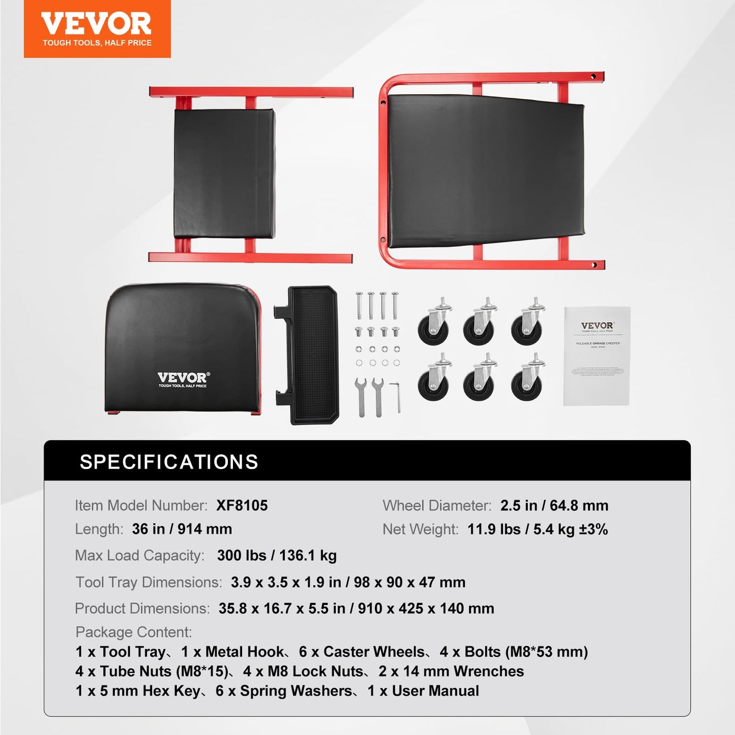 VEVOR Foldable Z Garage Creeper, 36 in, 300 lbs Load Capacity Rolling Folding Mechanic Creeper Stool, with 6 Wheels Tool Tray Padded Seat Steel Frame, Lay Down or Sit Chair for Garage Shop or Home
