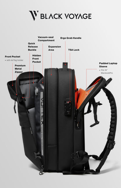 Vortex Vacuum Seal Travel Backpack 60L Expandable Air Compression System Water Resistant TSA Lock Carry-On Suitcase Luggage Black AERO - Vacuum Pump Included