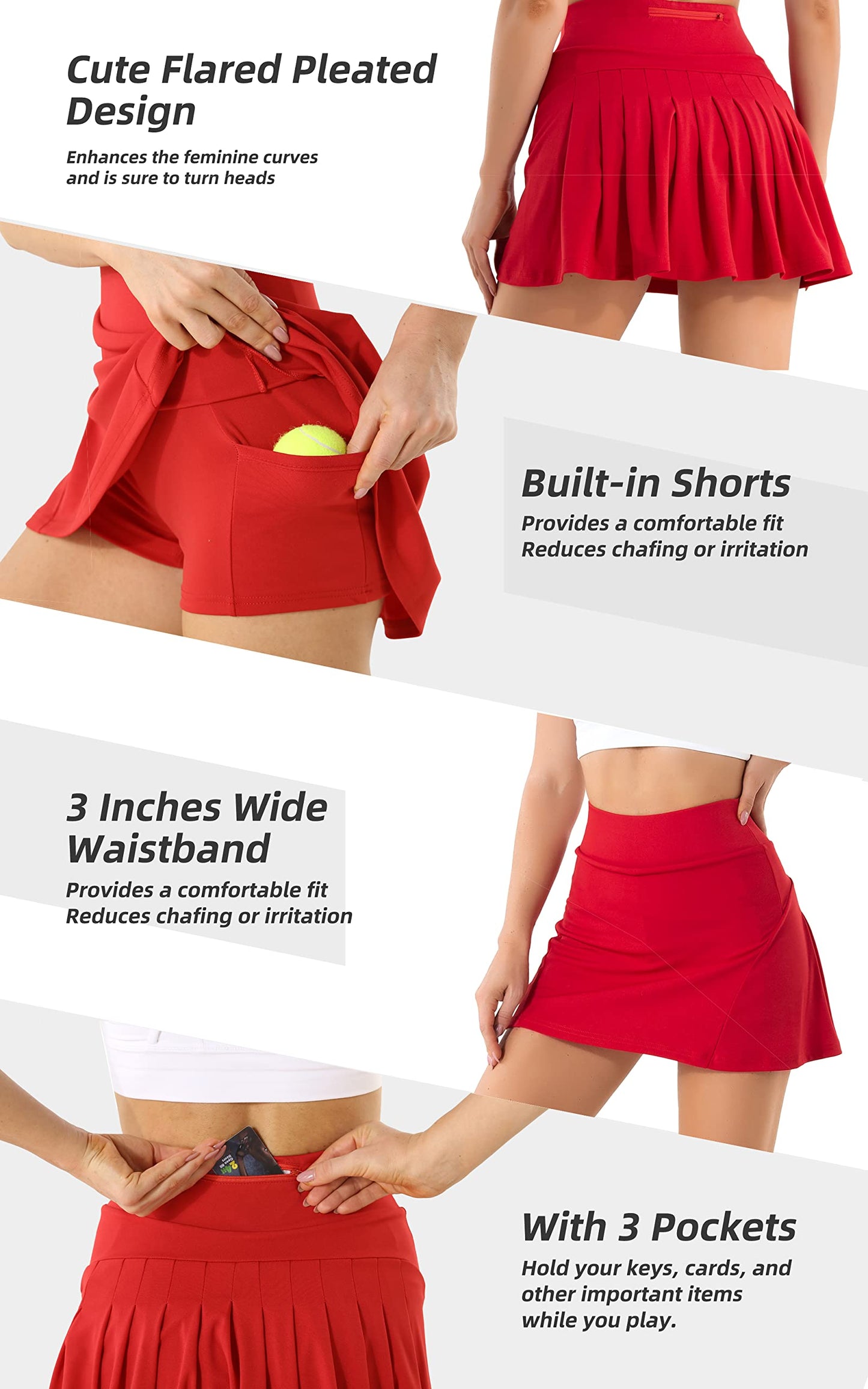 Betaven Pleated Tennis Skirts for Women with Pockets Build in Shorts Golf Skort Skirt High Waisted Athletic Running Activewear,A-Dark Red,Small