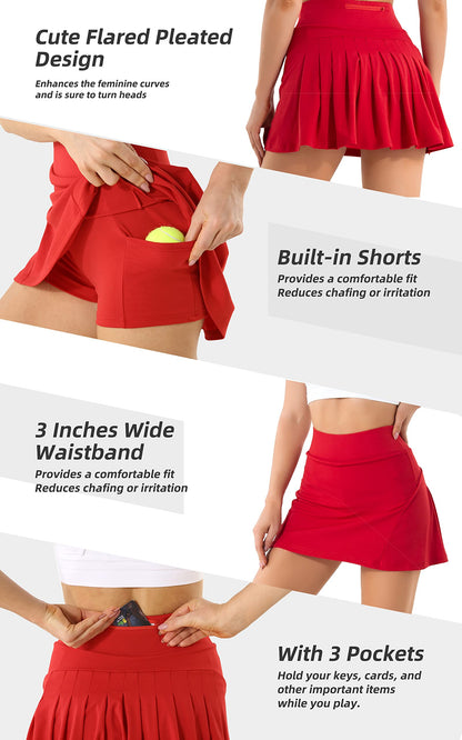 Betaven Pleated Tennis Skirts for Women with Pockets Build in Shorts Golf Skort Skirt High Waisted Athletic Running Activewear,A-Dark Red,Small
