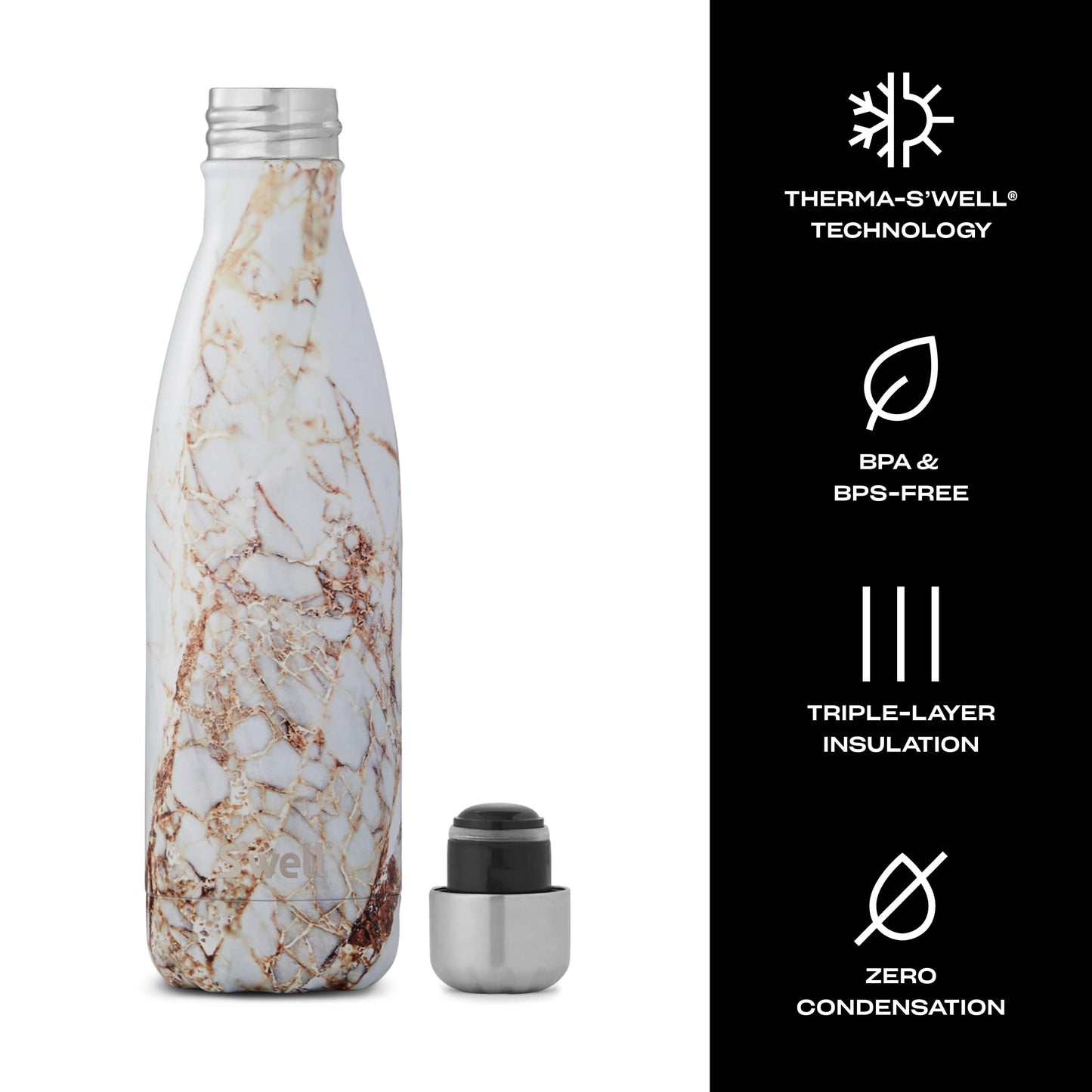S'well Stainless Steel Water Bottle, 17oz, Calacatta Gold, Triple Layered Vacuum Insulated Containers Keeps Drinks Cold for 36 Hours and Hot for 18, BPA Free, Perfect for On the Go