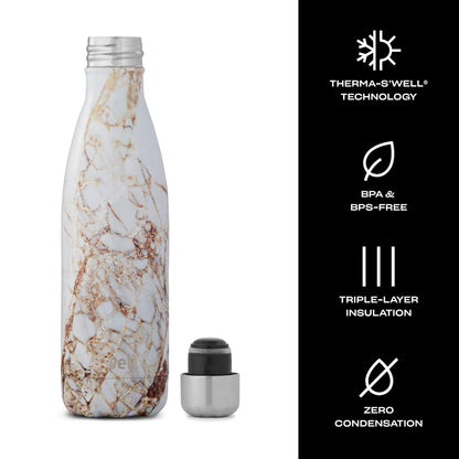 S'well Stainless Steel Water Bottle, 17oz, Calacatta Gold, Triple Layered Vacuum Insulated Containers Keeps Drinks Cold for 36 Hours and Hot for 18, BPA Free, Perfect for On the Go