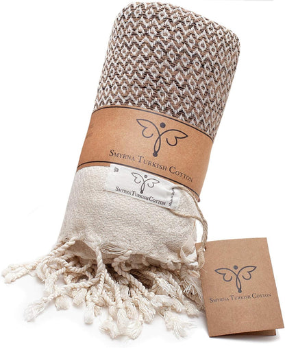 SMYRNA TURKISH COTTON Throw Blanket Vintage Series, 50x60 inch, Outdoor Blankets, Throws and Blankets for Couch, Sofa, Bed, Chair, Beach Picnic, Travel Boho Turkish Blanket Throw, Latte