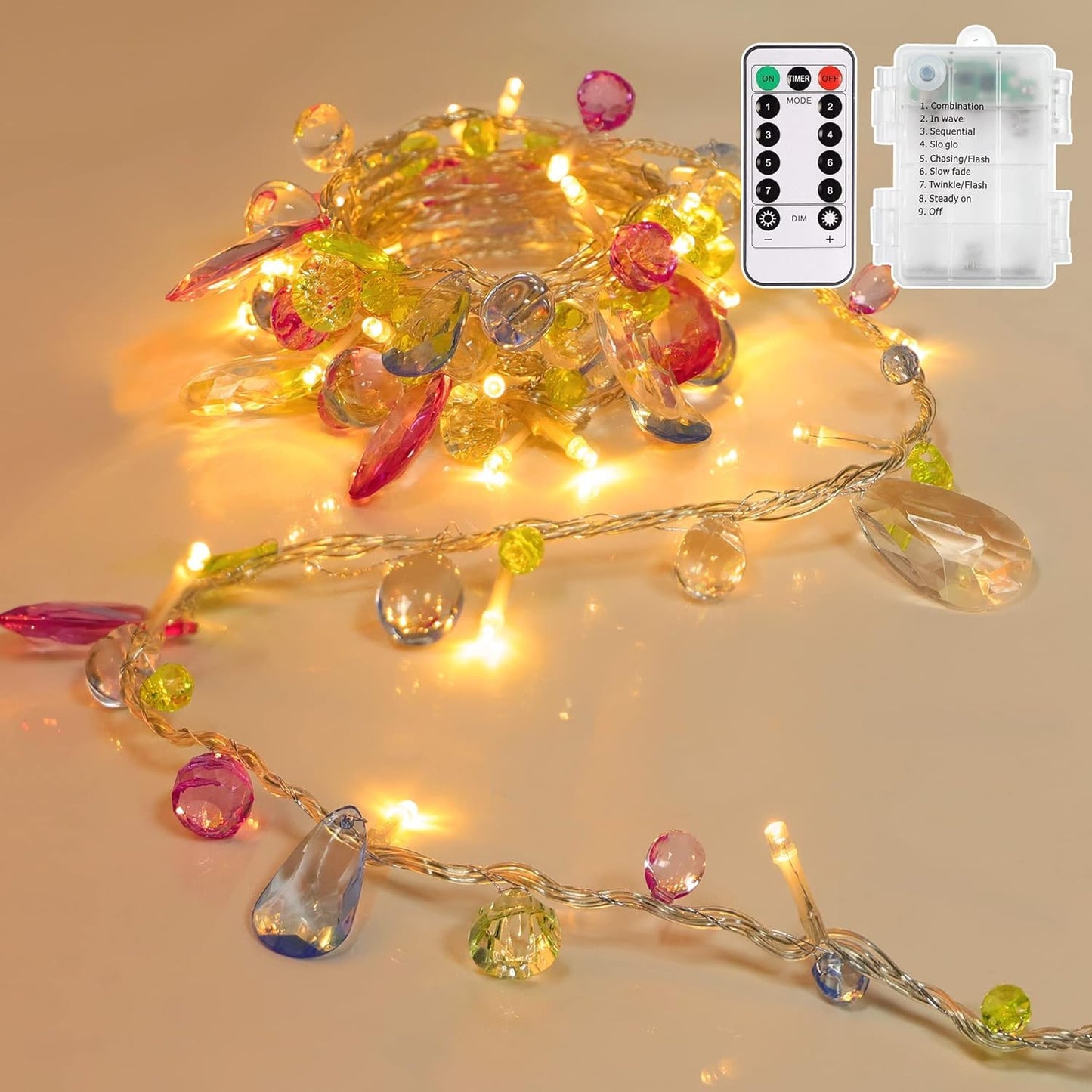 Battery Operated Fairy String Lights, Acrylic Gems Jewels String Lights with Remote 8 Modes Timer Function,30 Warm White LED Battery Powered Fairy Lights for Bedroom Party Decor