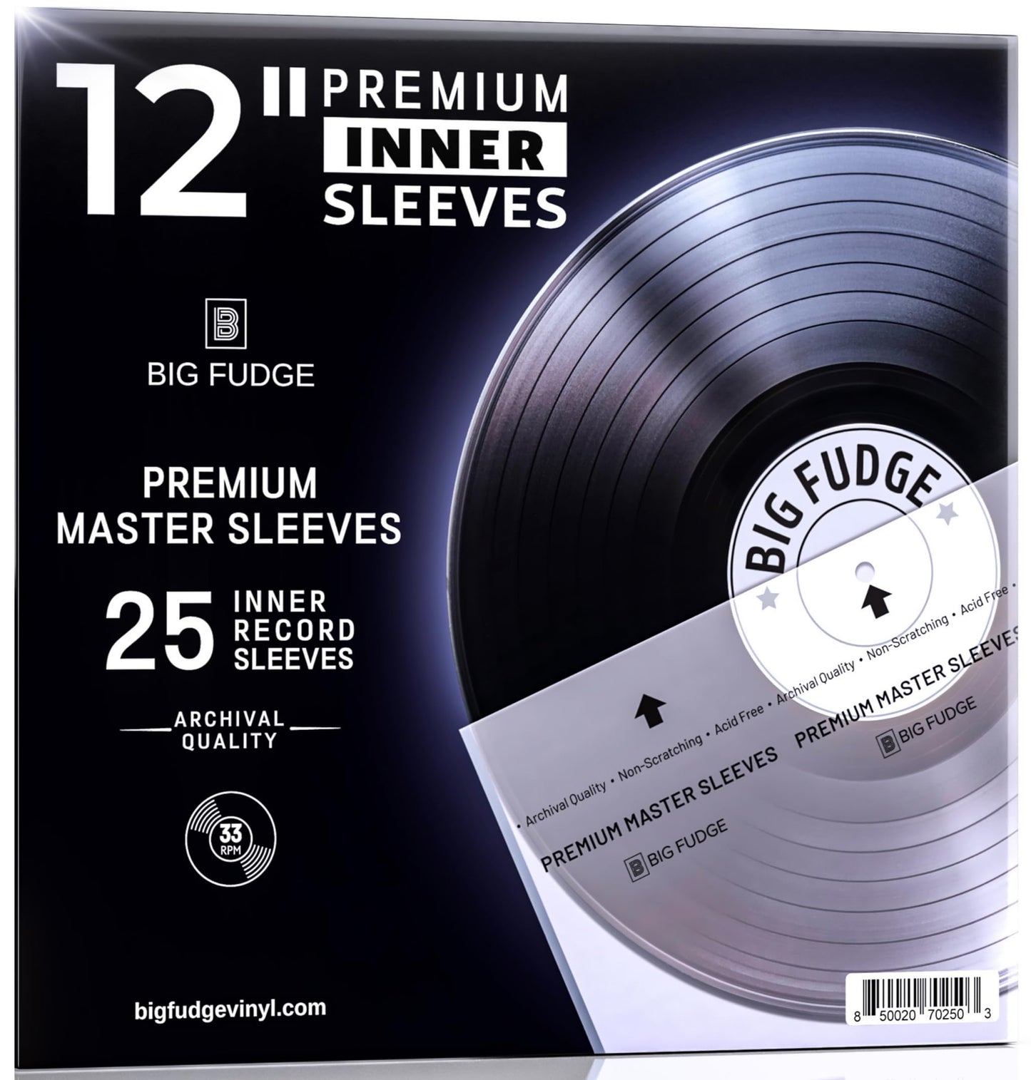 Big Fudge 25x Premium Vinyl Record Inner Sleeves - Clear 3-Ply Album Covers with Anti-Static Rice Paper - Master Vinyl Record Sleeves - Acid Free Protective Cover for 12" Records
