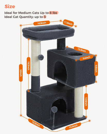 UYMI 32" Cat Tree Tower for Indoor Cats - 2 Cozy Condos, Multi-Level Cat Scratching Posts with Sisal, Soft Padded Perch, 2 Dangling Toys, Dark Grey