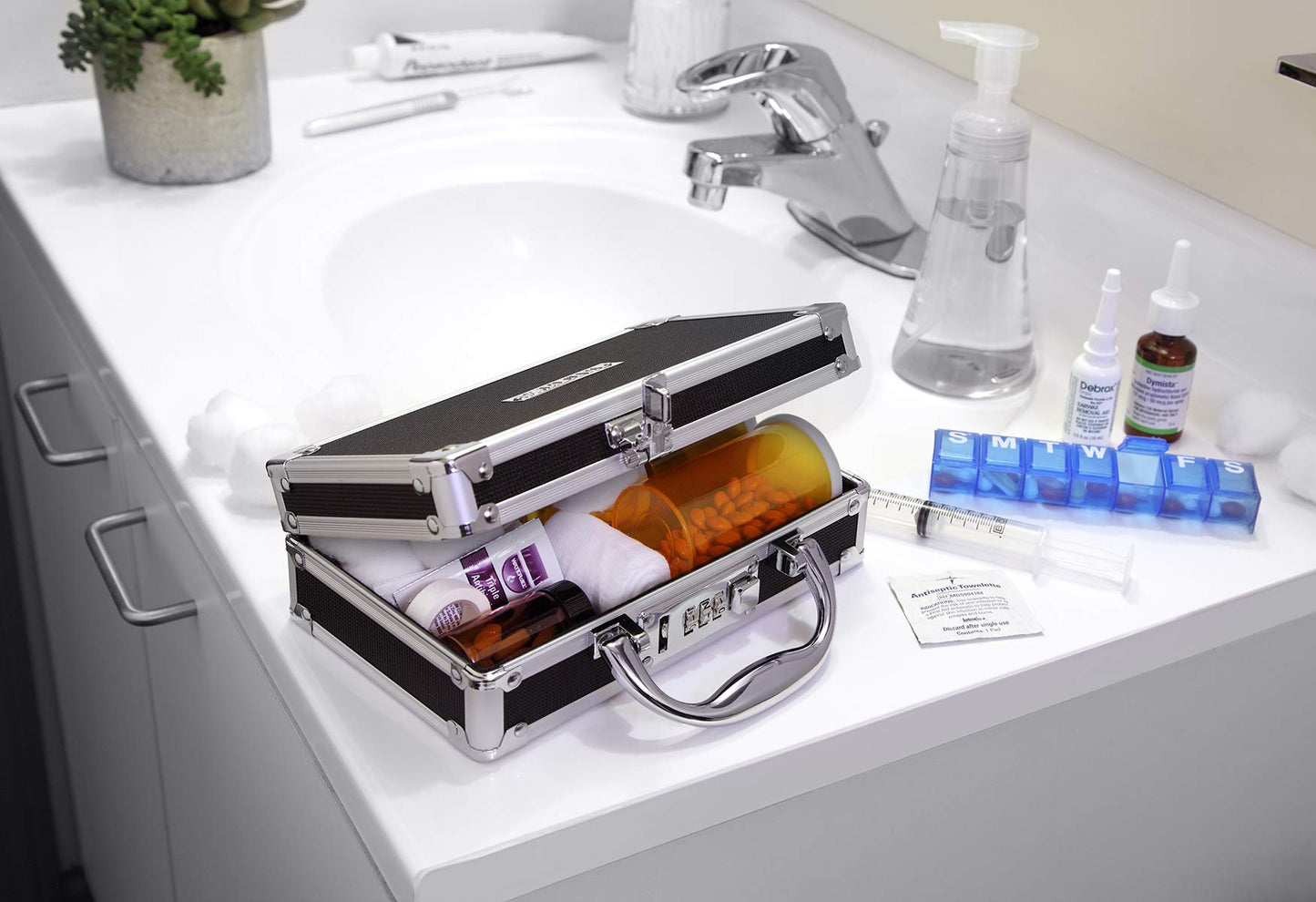 Vaultz Medicine Safe Case w/Combination Lock - Pack of 1 Cases, 8.35 x 5 x 2.5" - Black