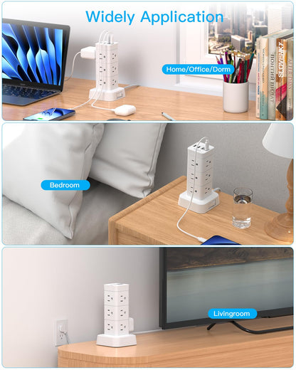 Surge Protector Power Strip Tower, 12 Outlets 4 USB (2 USB C) Desktop Charging Station for Multiple Devices, 6Ft Flat Plug Extension Cord with Multiple Outlets, Home Office College Dorm Essentials