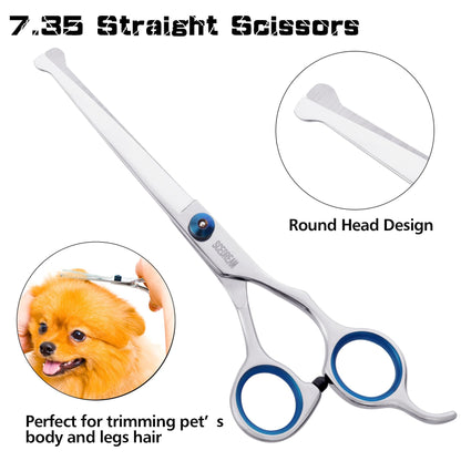SCEDREAM Dog Grooming Scissors for Dogs with Safety Round Tips, 5 in 1 Dog Scissors for Grooming, Professional Curved Pet Grooming Shears Set for Dogs and Cats