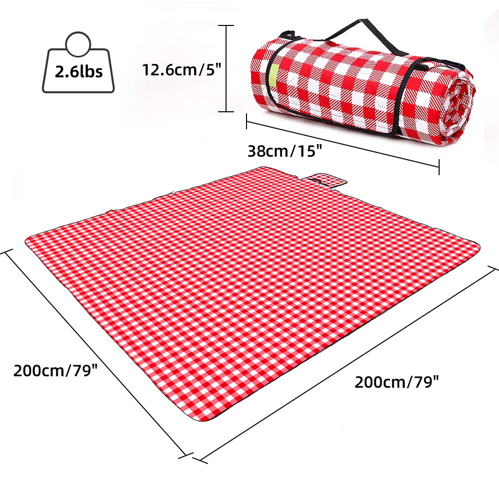 Three Donkeys Machine Washable Extra Large Picnic & Beach Blanket Handy Mat Plus Thick Dual Layers Sandproof Waterproof Padding Portable for the Family, Friends, Kids, 79"x79" (Red and white)