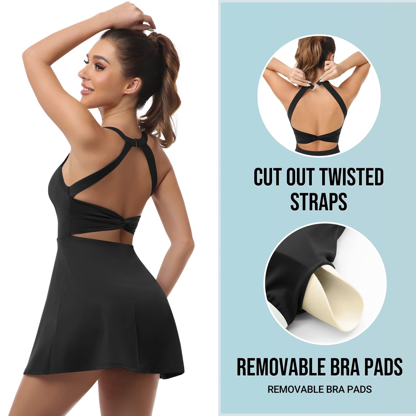 Womens Workout Tennis Dress with Built in Shorts and Bra Athletic Golf Activewear for Exercise Black Medium