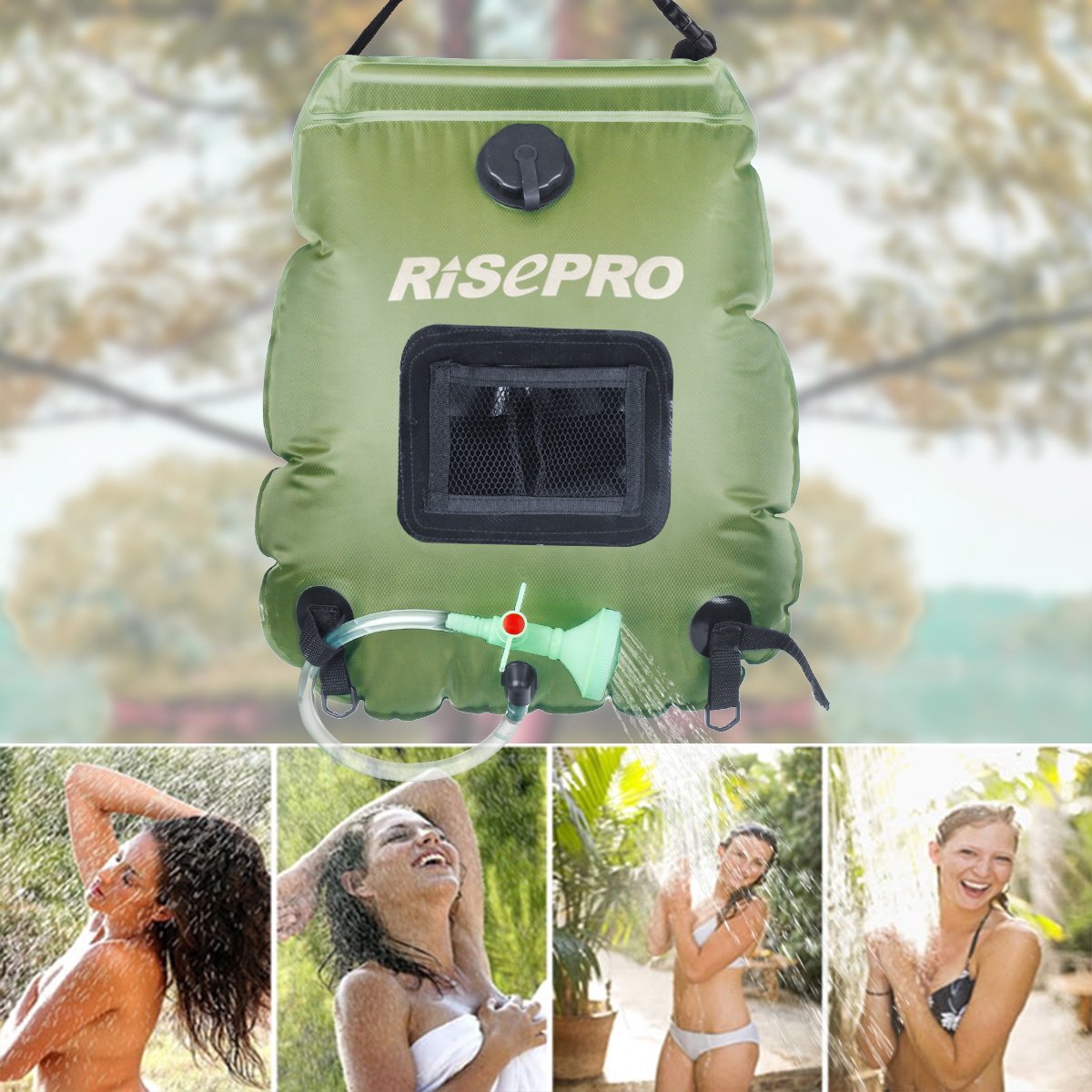 RISEPRO Solar Shower Bag, 5 gallons/20L Solar Heating Premium Camping Shower Bag Hot Water with Temperature 45°C Removable Hose on/Off Switchable Shower Head Hiking Climbing Summer Shower K8