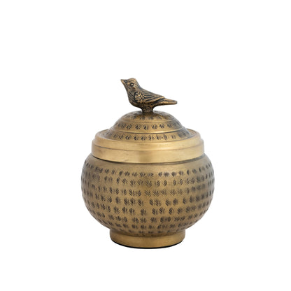 Creative Co-Op Round Hammered Metal Container with Bird Finial, Brass Finish