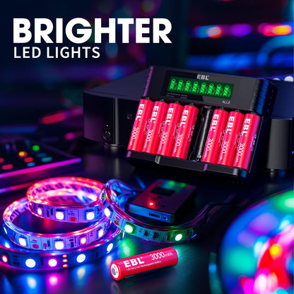 EBL 8 Pack Rechargeable Lithium AA Batteries, 1.5V 3000mWh Double a Batteries Long Lasting AA Li-ion Battery (8AA with Charger)