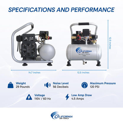 California Air Tools CAT-1P1060S Light & Quiet Portable Air Compressor, Lightweight, Ultra Quiet, Oil-Free, 1 Gallon Steel Tank, .6 HP, 56 dBA Noise Level, Silver