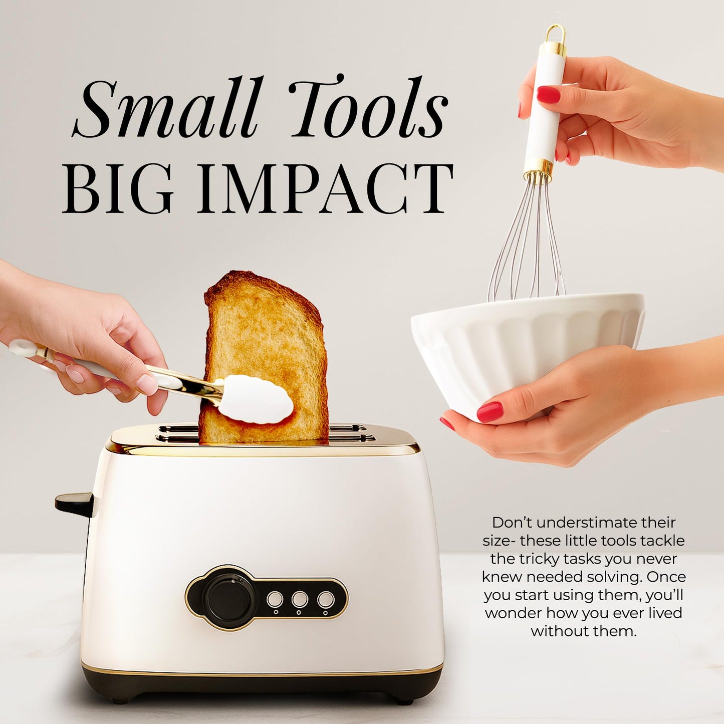 White & Gold Cooking Utensils Set - Luxe 8-Piece Kitchen Gadget Set Includes Can Opener, Tongs and Garlic Press - Stylish White and Gold Kitchen Accessories for Modern Kitchens, Ideal for Gifting