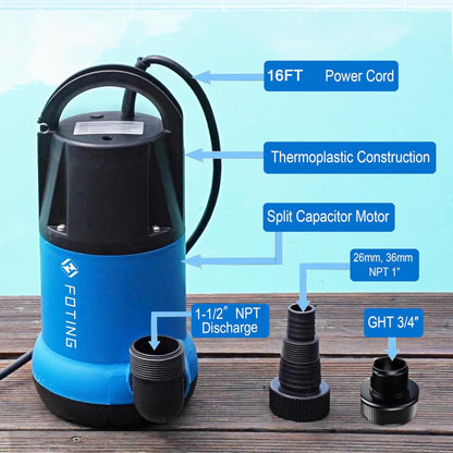 FOTING Sump Pump 1HP Clean/Dirty Submersible Water Pump, 4600GPH Utility Pump Thermoplastic Electric Portable Transfer Water Pump for Swimming Pool Garden Pond Basement with 10ft Long Power Cord