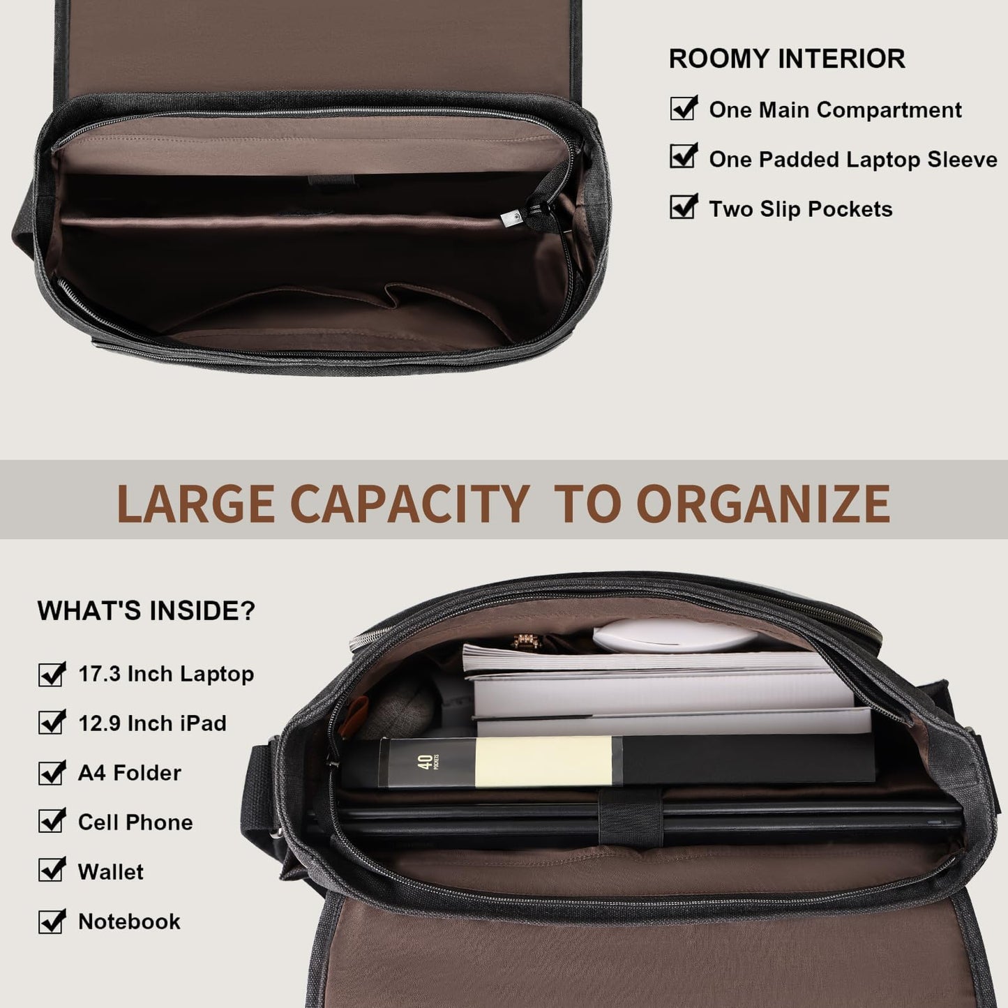 ESTARER Men's Messenger Bag 17.3 Inch Upgraded, Water-resistant Canvas Laptop Bag, Computer Shoulder Bag for College Travel Work, Dark Grey