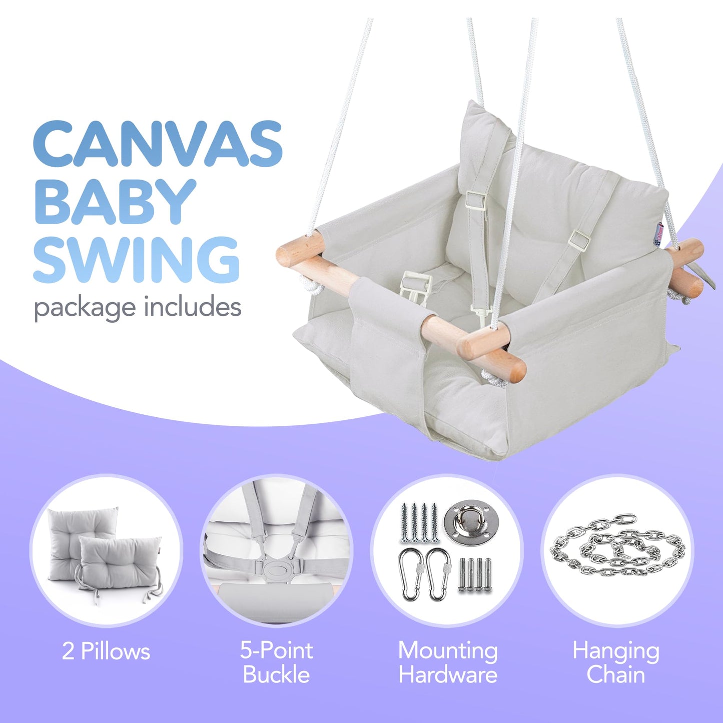 CaTeam - Canvas Baby Swing, Wooden Hanging Swing Seat Chair with Safety Belt, Durable Baby Swing Chair, Outdoor and Indoor Swing for Kids, Mounting Hardware Included, Gray