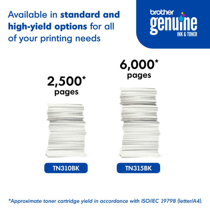 Brother Genuine Standard Yield Toner Cartridge, TN310BK, Replacement Black Toner, Page Yield Up To 2,500 Pages, TN310