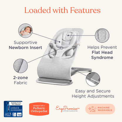 Ergobaby Evolve 3-in-1 Bouncer, Adjustable Multi Position Baby Bouncer Seat, Fits Newborn to Toddler, Light Grey