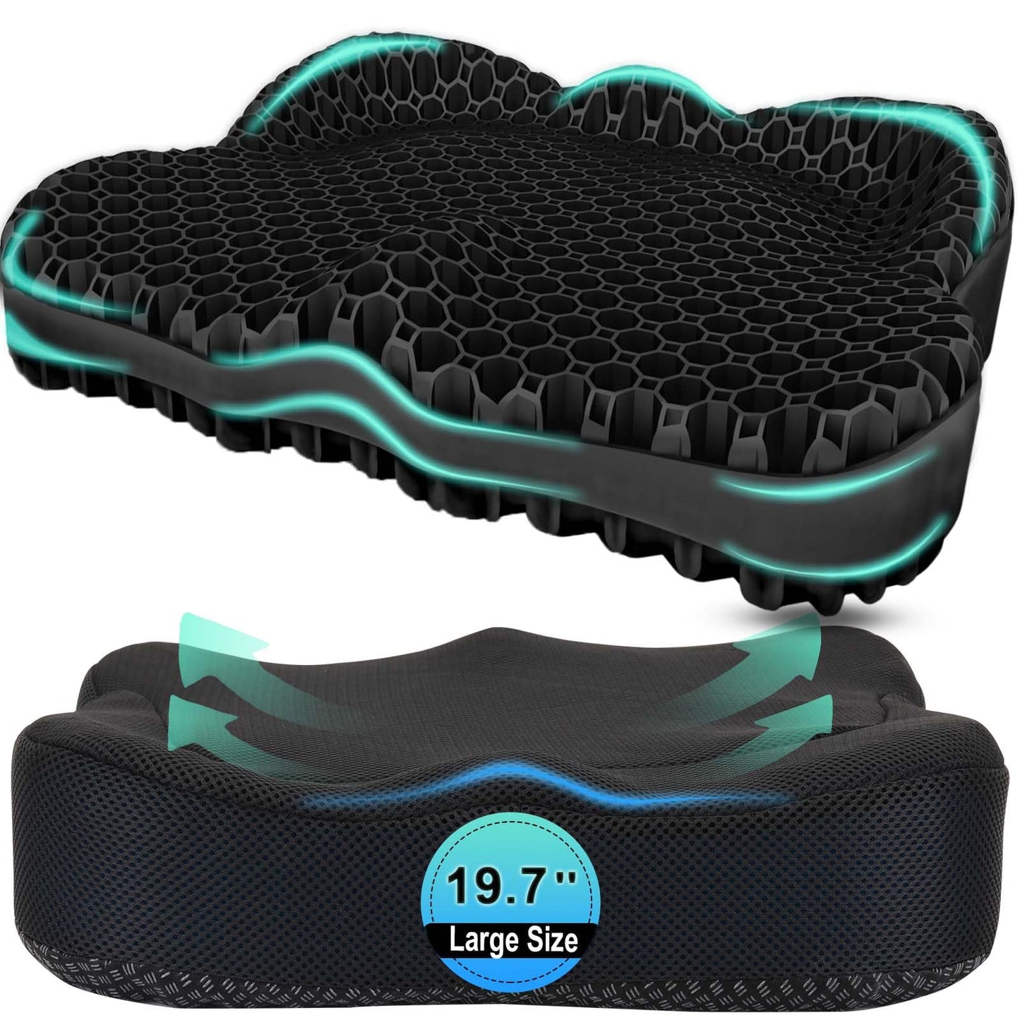 Airllantry Thicken 19.7in Seat Cushion, Gel Seat Cushion for Long Sitting–Office Chair, Wheelchair, Car Cushion, Large Cooling Pad for Back Pain, Sciatica, Tailbone Pain Relief