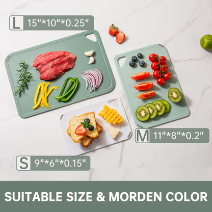 THETCHRY Plastic Cutting Board Set of 3-Cutting Boards for Kitchen BPA Free, Large-Small Chopping Boards Non-Slip for Cooking Camping Dishwasher Safe, Reversible, with Grip Handle, 15"×10"×0.6" Green
