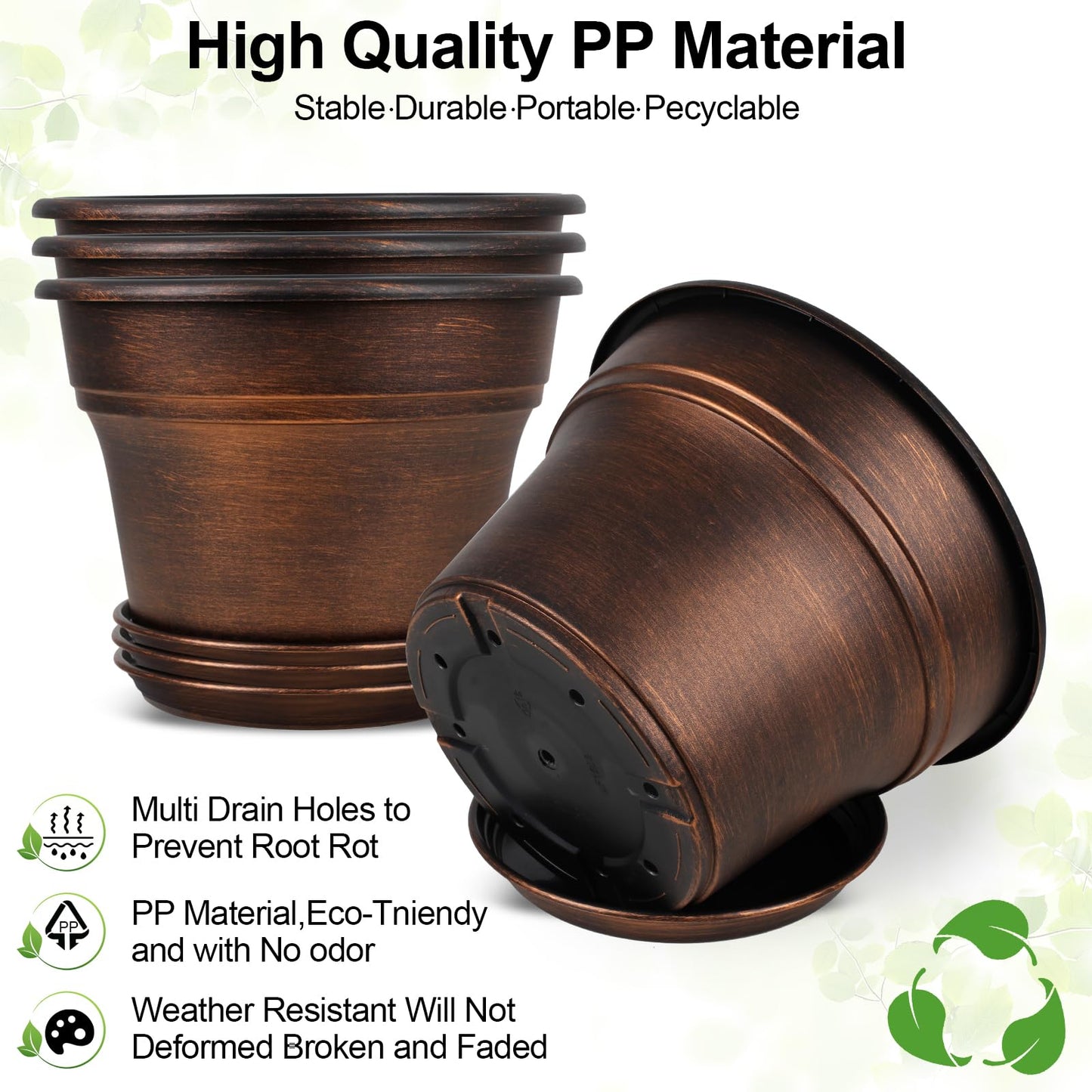 10 Inch Planters Plant Pots Indoor Outdoor, 4 Pack Plastic Flower Pot for Indoor Plants with Drainage Holes & Trays, Resin Decorative Container Sets with Saucer for House Garden Copper