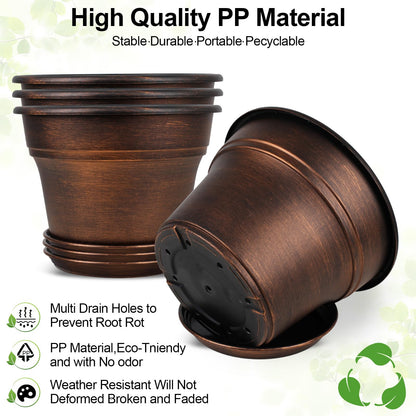 10 Inch Planters Plant Pots Indoor Outdoor, 4 Pack Plastic Flower Pot for Indoor Plants with Drainage Holes & Trays, Resin Decorative Container Sets with Saucer for House Garden Copper