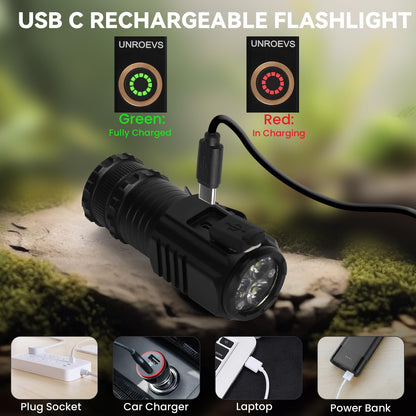 UNROEVS Mini LED Flashlight Rechargeable USB C Charging, Small Flashlights Powerful Max 2550 Lumens with 5 Light Modes, Pocket Light with Clip, Magnetic Flash Lightfor EDC,Camping, Hiking,Emergency